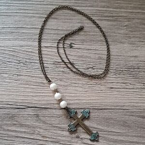 Pearl and Bronze Cross Necklace